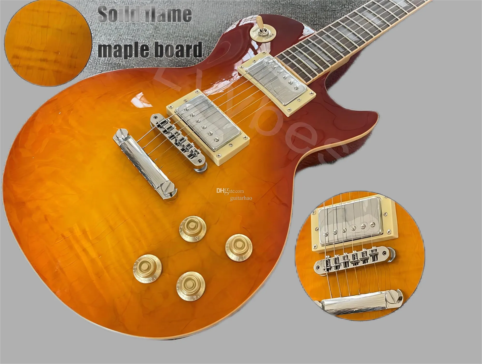 Guitare électrique Long Tenon a rejoint la poupée avec 2 ailes à flamme solide Mapleboard Fret Nibs Cherry Burst Small Pin Bridge Bone Nu