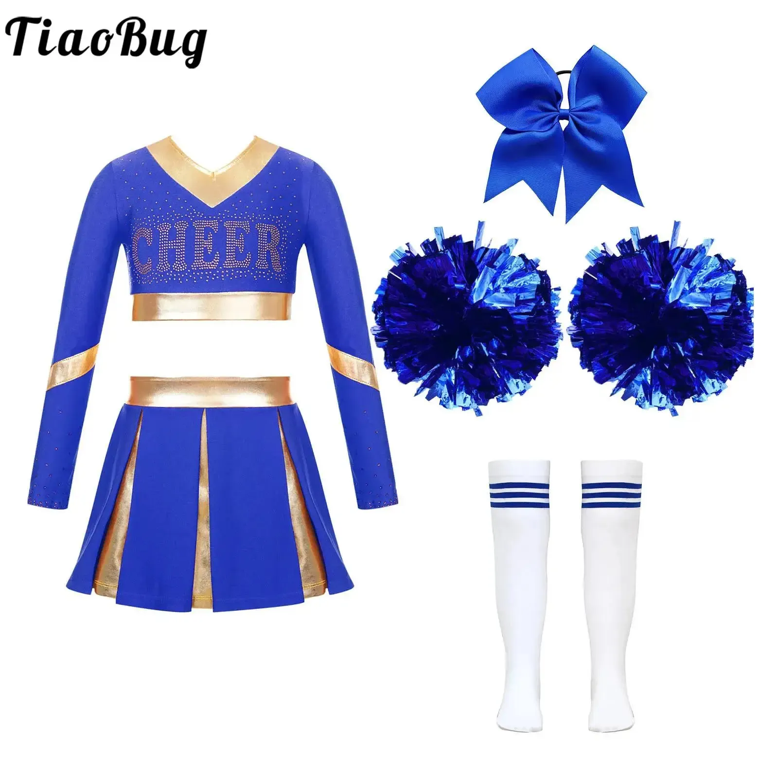 Children and Girls Cheerleading Captain Costume Carnival Dance Party Cheerleading Uniform and Pom Poms Stock School Girls Cheerleading Costume 240425