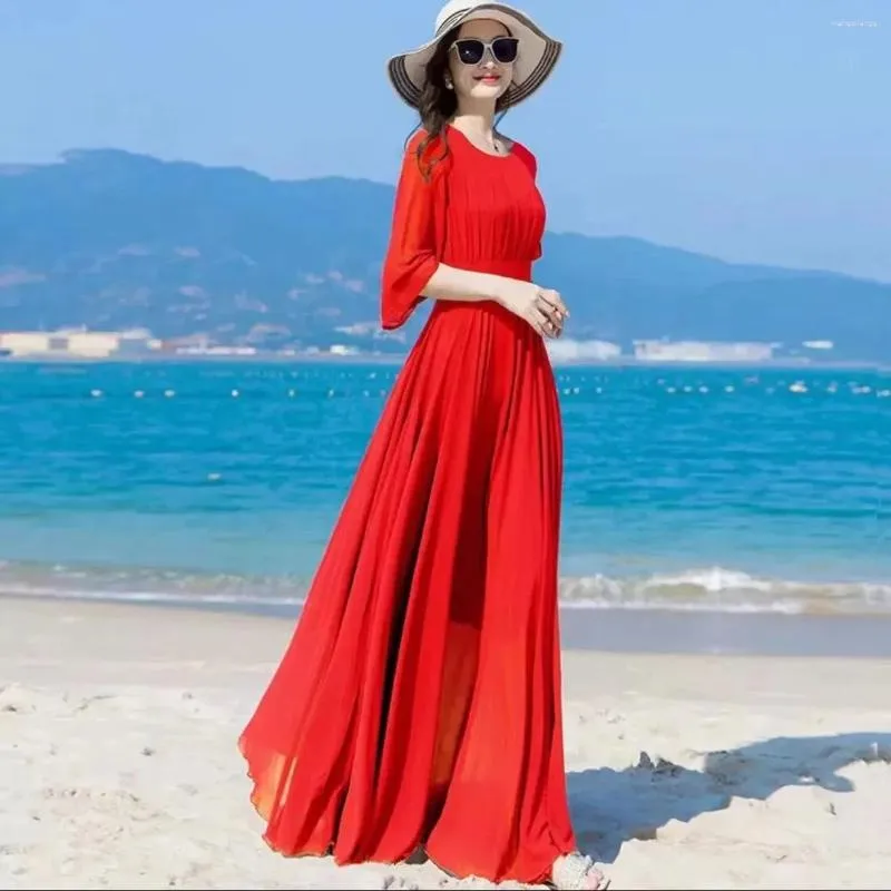 Chiffon Summer Maxi Dresses 2024 for Women Casual Solid Bohemian Long Beach Dress Elegant Ladies Clothing Vestidos 4X