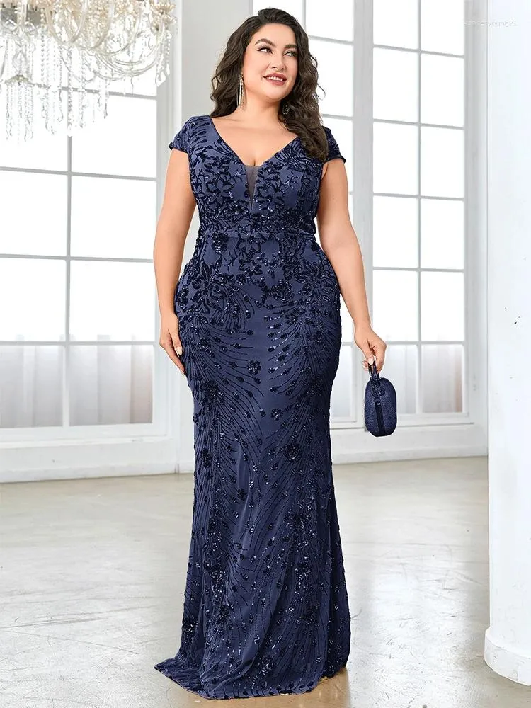 Party Dresses Lucyinlove Plus Size Elegant Blue Evening Dress For Women 2024 Luxury Long Mermaid Formal Sequins V-neck Prom Wedding Gown