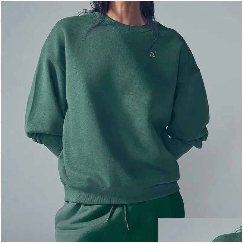 Yoga outfit Al Midnight Green Crew Neck Plover Warm Sweatshirts Sier 3D Logo On Chest Loose Sweatwear Uni Casual Sweattops Lover Drop otwgn