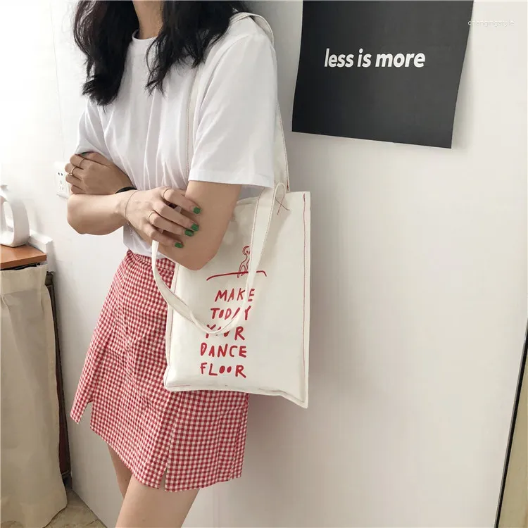 Sacchetti della spesa corea ins mini tela tote borse lettere rosse stampare spalla sottile shopper cotone shopper gancio carino riutilizzabile