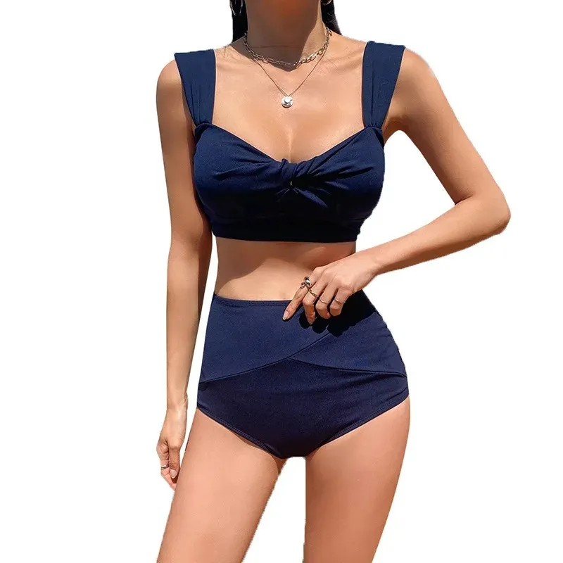 Koreansk stil Mid midja bikini Set Women Biquini Suit Två stycken Badkläder Solid baddräkt Högkvalitativ stranddräkt 2020 NYTT