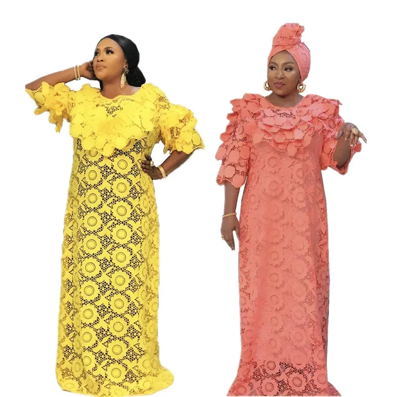 Houseofsd African American Lace Abaya And Head Tie Mature Ladies Chic Muslim Traditional Dress African Style With Inner boubou 240415