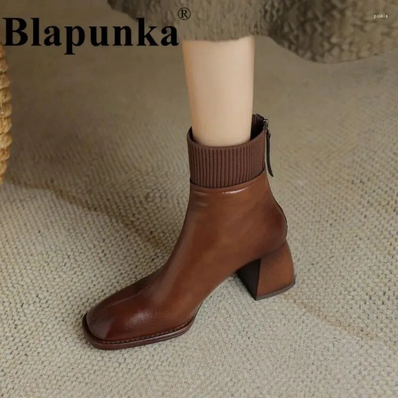 Boots Blapunka Women Natural Leather Square Toe Chunky Block Heels Ankle Knitting Wool Design Ladies Zipper Brown Shoes 42