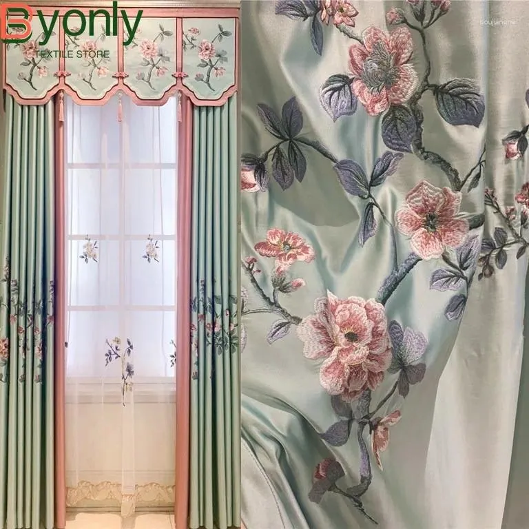 Curtain Chinese Blue-green Embroidered Window Screen Thickened Curtains For Living Room Bedroom French Balcony