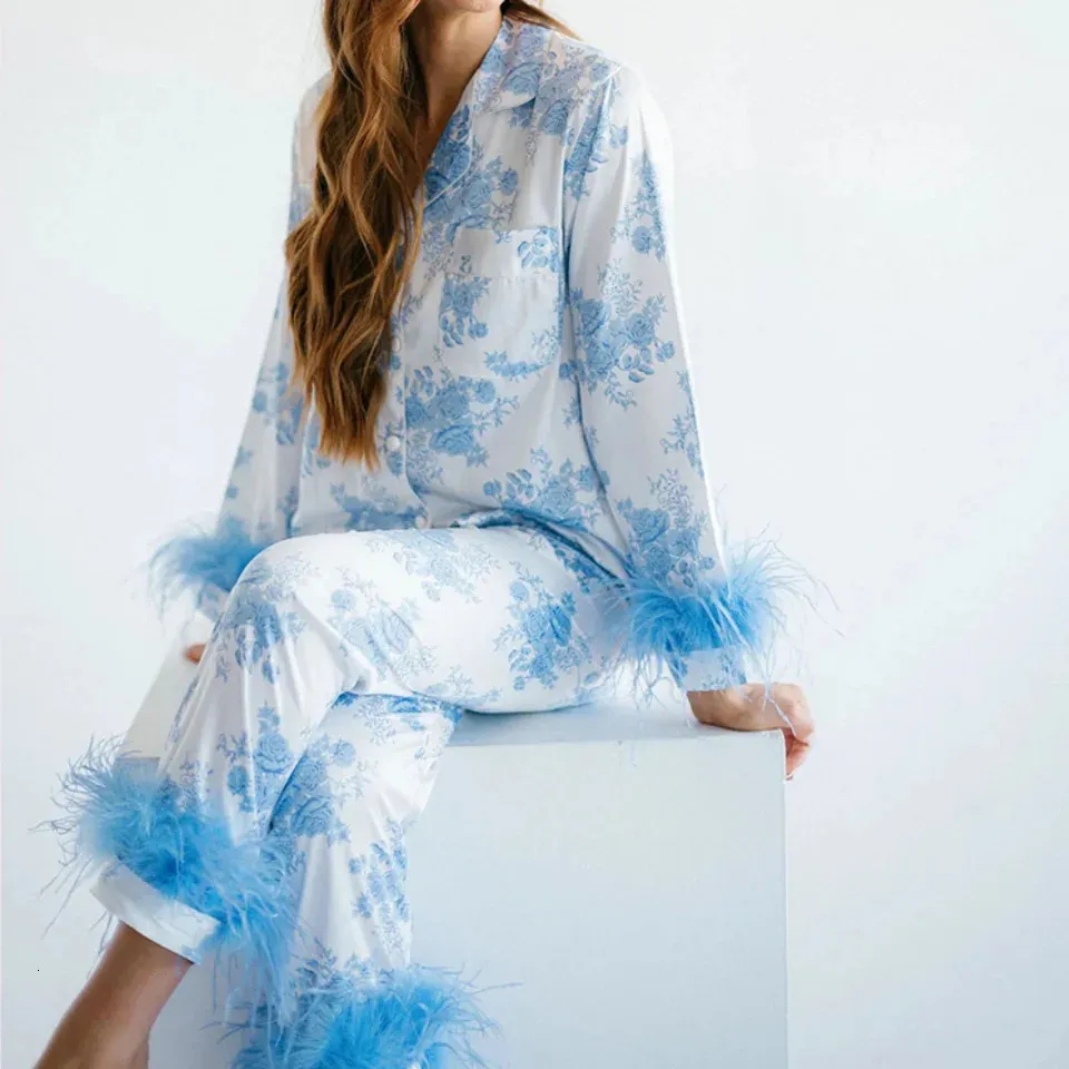 Women Satin Feather Top Pajamas Set Thin Acrylic Nightwear Long Sleeve ...