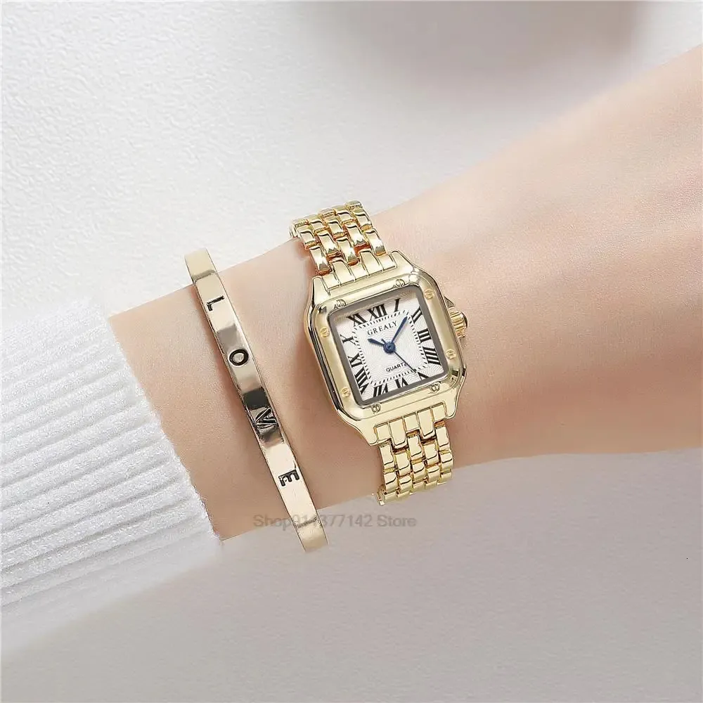 2024 Luksusowe Women Fashion Square zegarki Gold Stop Pasp Ladies kwarcowe zegarek Cechy żeńskie zegar rzymski 240426