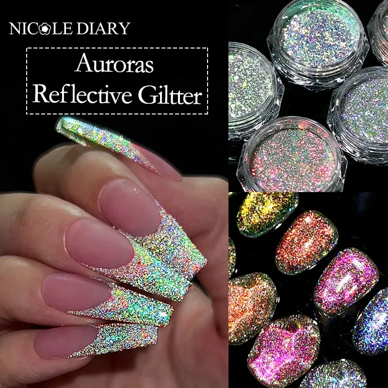 Nicole Günlüğü Yansıtıcı Glitter Tırnak Toz Sapakları Işıltılı Flaş Kristal Pigment Dip Krom Toz Tırnakları DIY Toz Tırnakları 240426