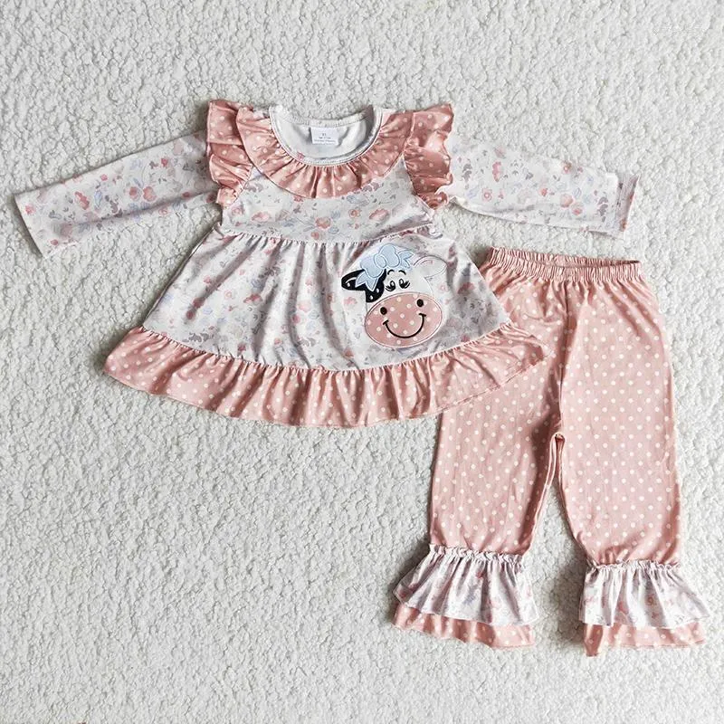 Vêtements Ensembles en gros pour enfants de fleurs vêtements de vache bébé fille manches longues broderie ensemble rythme rose rose pantalon pour tout-petit tenue pour enfants