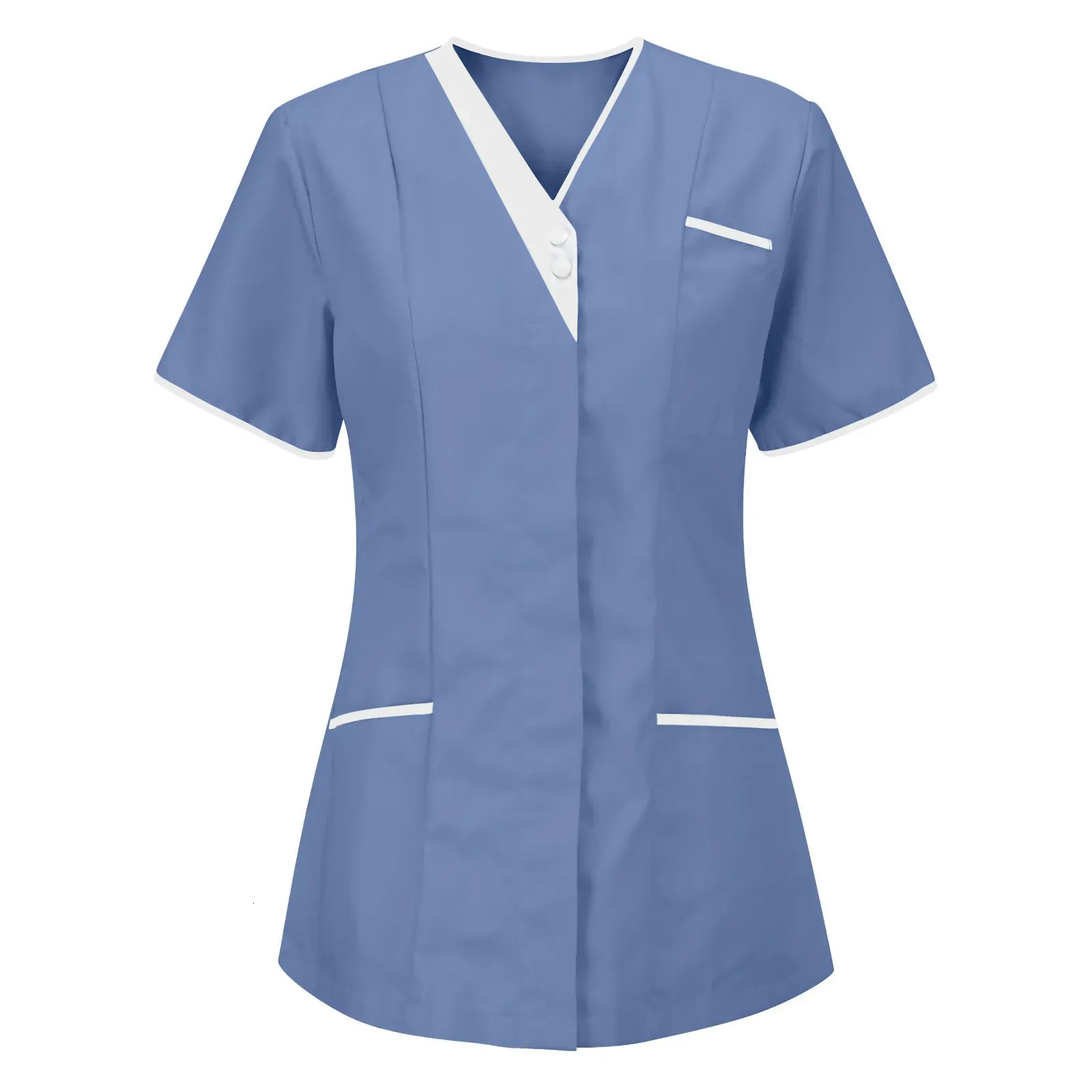 Sjuksköterska uniformskrubbar toppar kvinnors korta ärmficka övergripande uniforms ammande arbetande arbetskläder arbetare tunika skrubbs topp 240410