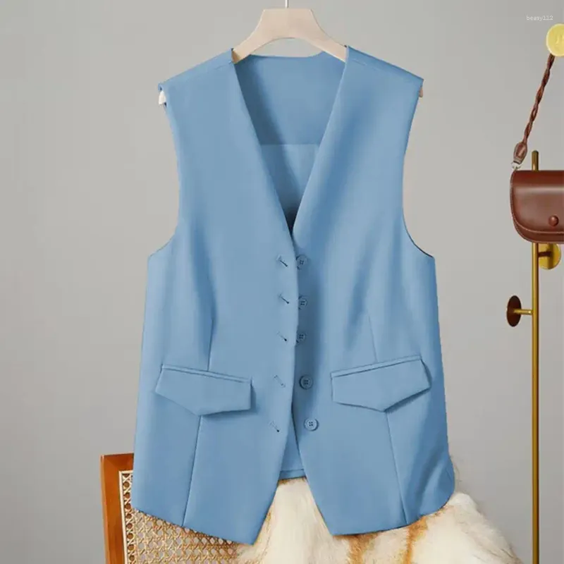 Frauenwesten arbeiten lässige Anzug Weste elegante einreihige V-Hals-Weste mit dekorativen Taschen formeller Geschäftstil für Büro