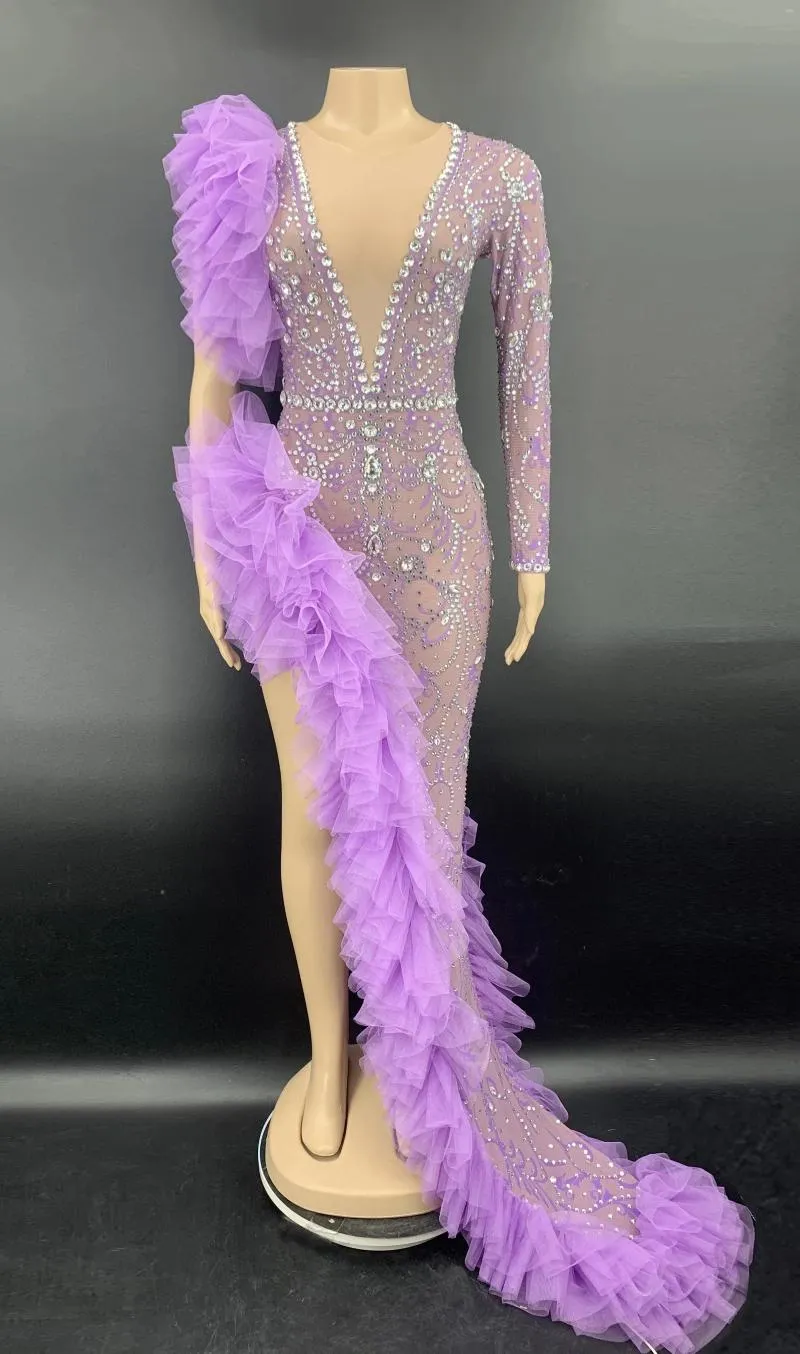 ステージウェア女性コスチュームシングルスリーブフルラインストーンロングドレスバースデーイブニングドレスパーティーレイブ衣装を祝う