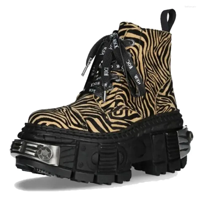 Stövlar punk motorcykel leopard kvinnor snörning häl höjd 6 cm plattformskor män gotisk ankel rock metall dekor sneakers