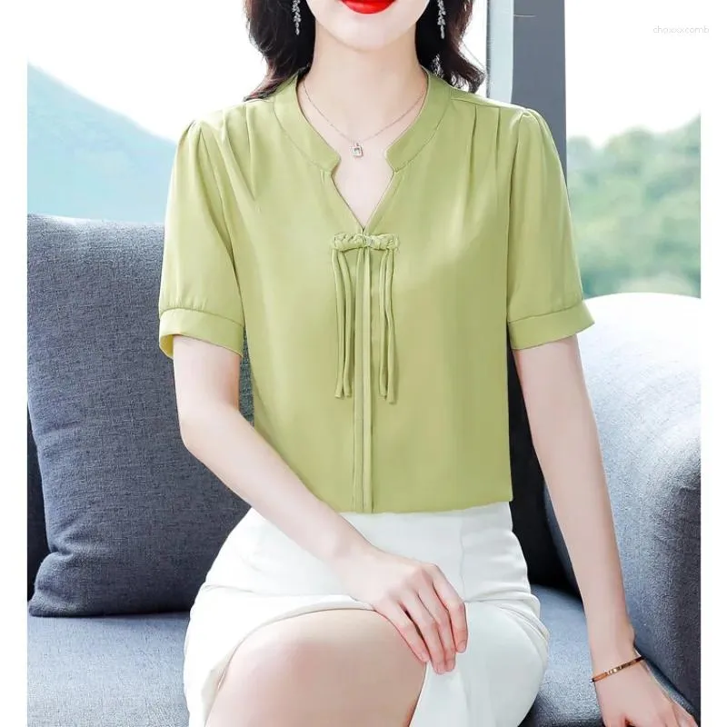 Dames Polos Summer Western Chiffon Shirt 2024 Pullover V-Neck Splice Fashion Mode Solid Color Slim Fit Pendement met korte mouwen T-shirt tops