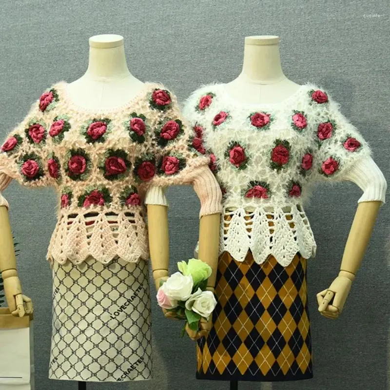 Les pulls des femmes un manches courtes 3d Rose Flower Mohair Femmes Hollow Out Crocheted Lady Pull