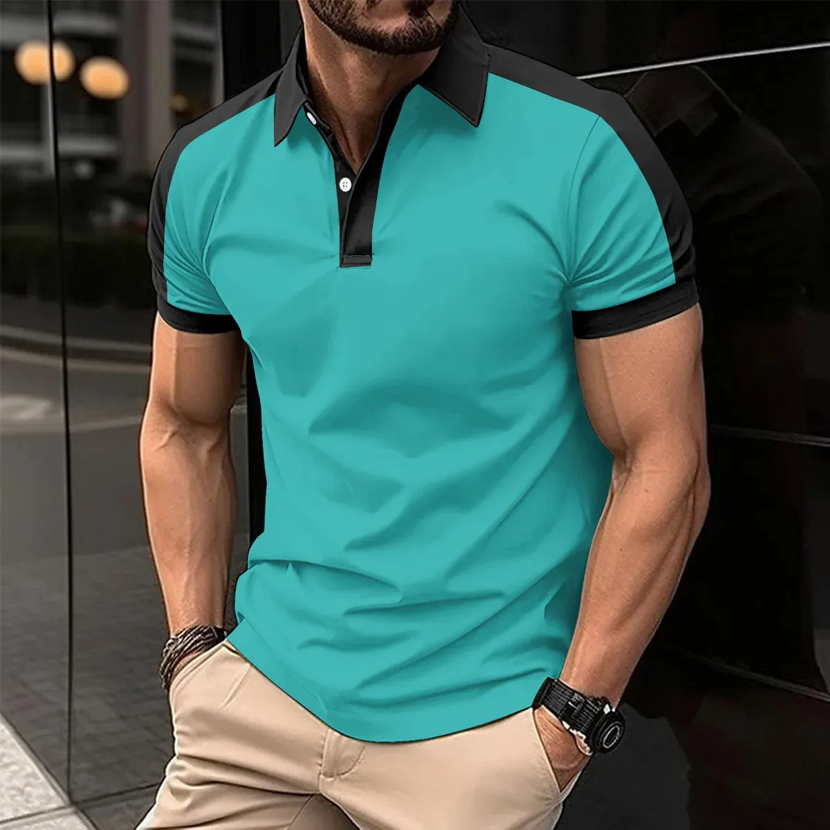 Mens Europe and America crossborder shoulder color matching casual fashion sports shortsleeved POLO shirt 240412