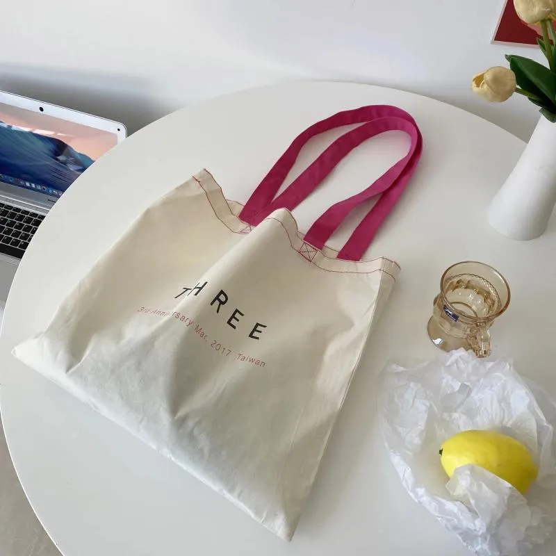 Shopping Bags Korean Three Letters Print Women Canvas Bag Sweet Red Shoulder Strap Beige Simple Cotton Cloth Shopper Tote