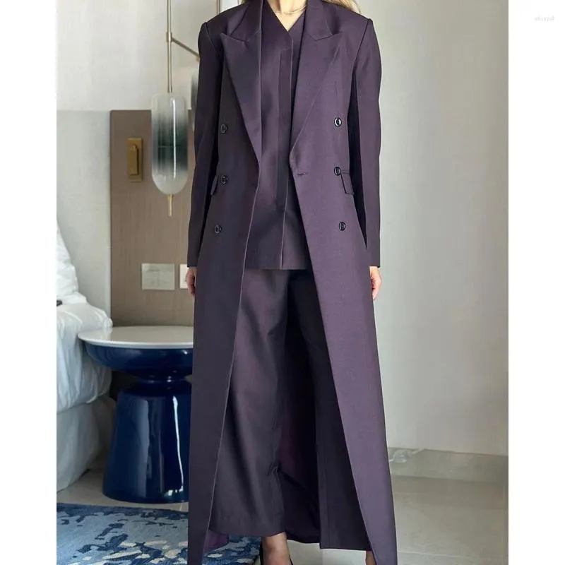 Men's Suits Elegant Purple Double Breasted Women High Quality Luxury 3 Piece Long Jacket Pants Vest Formal Business Office Outfits