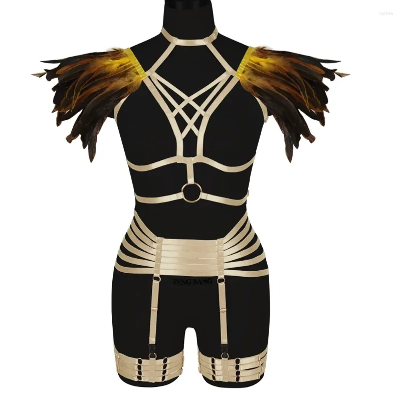 Bras stelt punk goth exotische kleding sexy lingerie set natuurlijke veren harnas voor vrouwen jaagse riem jurk dans dans rave kostuum kousenbanden