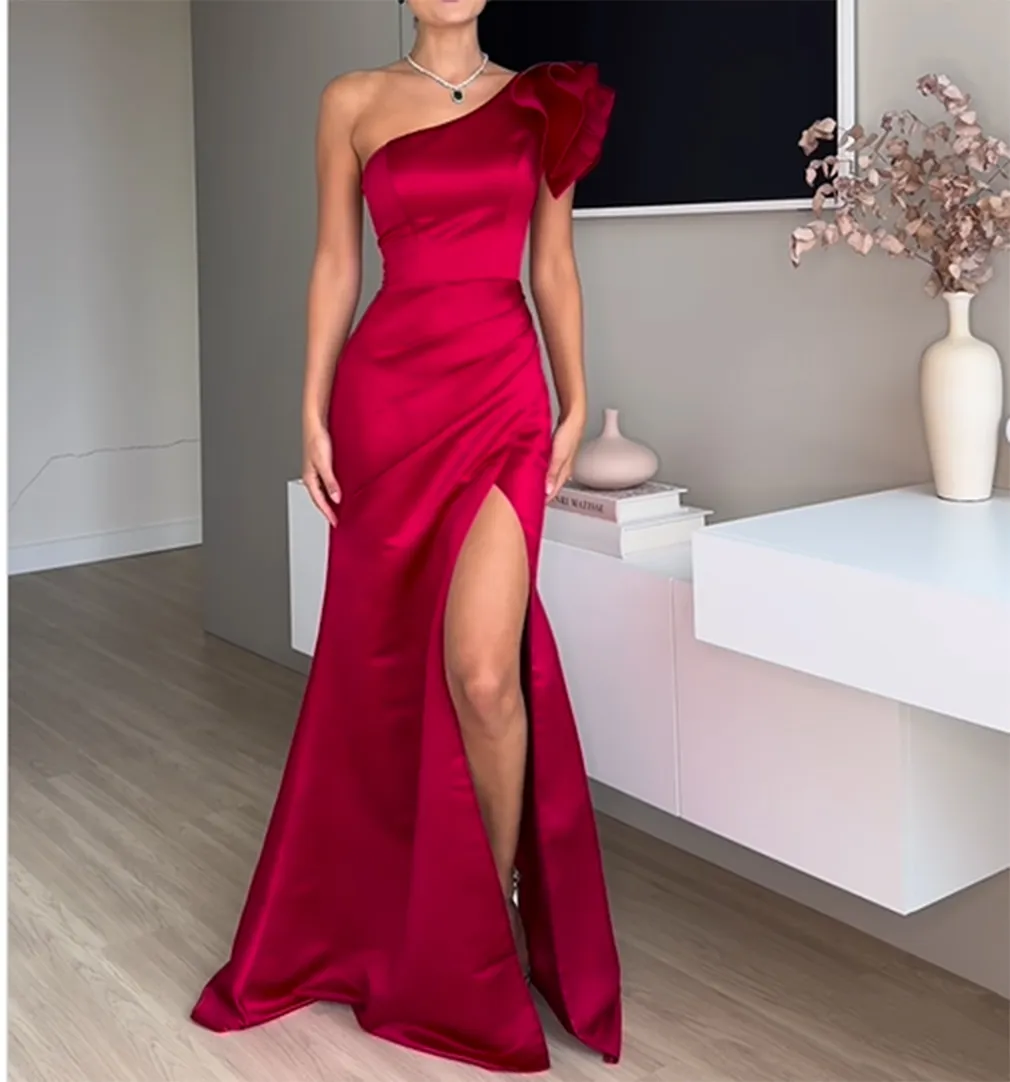 One Shoulder Burgundy Satin Floor-Length A-Line Evening Dress with Side  Slit from Dhgate Boutique Occasion Dresses - price 92.47