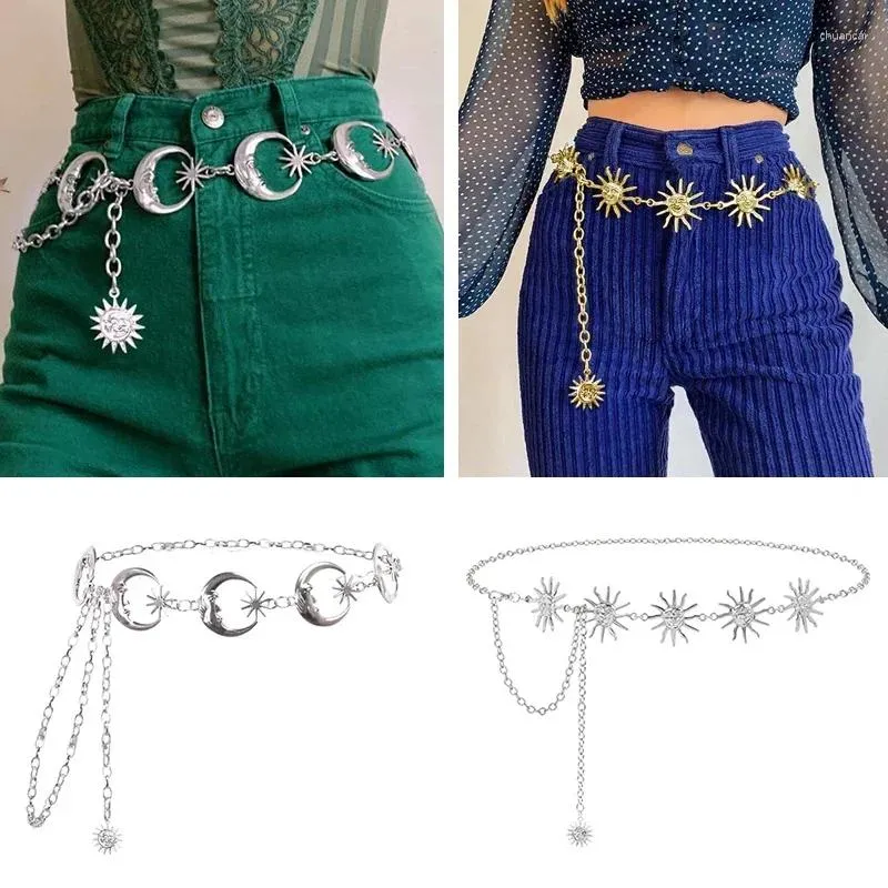 Ceintures Gold et Silver Chain Women's Moon Sun Metal Belt Punk Robe Gothic Jeans Accessoires Long Style