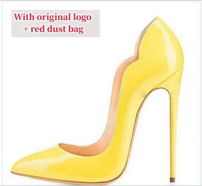 Designer women's high heels red shiny sole 8 cm 10 cm 12 cm pointed toe genuine leather stiletto heels genuine leather nude black wedding shoes 34-44