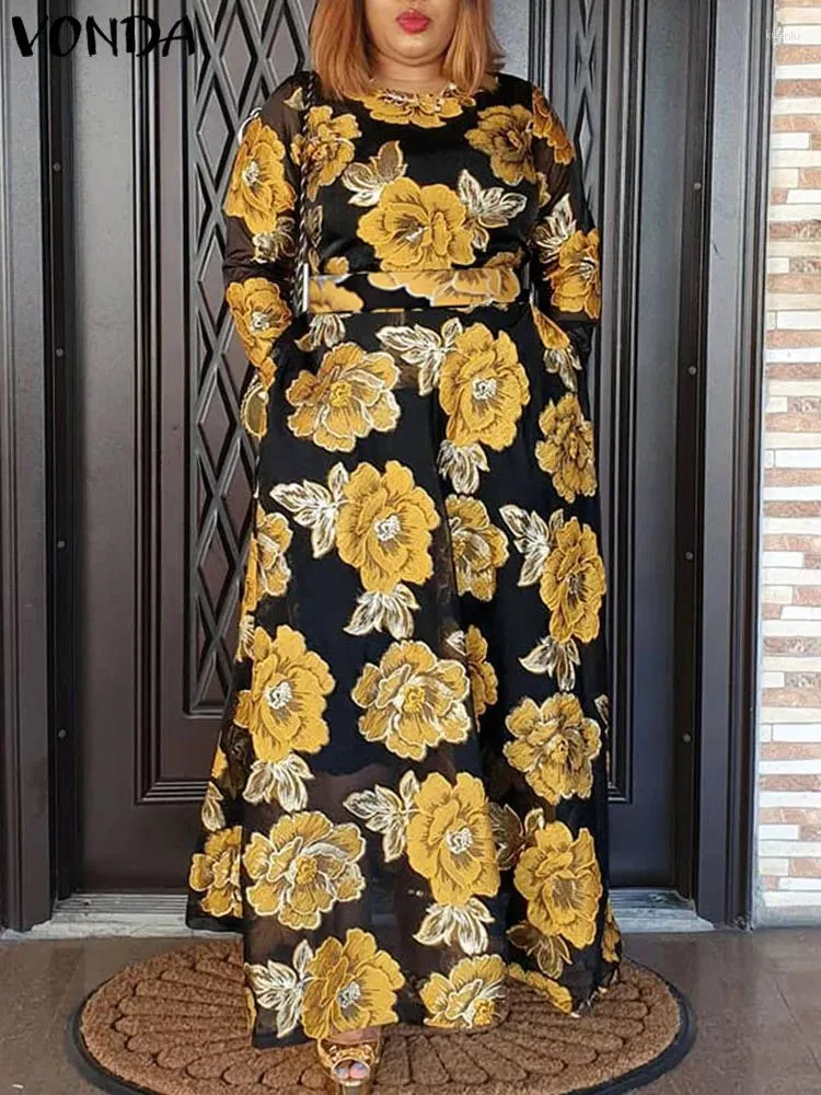 Casual jurken Vonda Summer Party Dress 2024 Dames Sundress Bohemian Long Sleeve Bruted Floral Printed Maxi Holiday Robe Femme