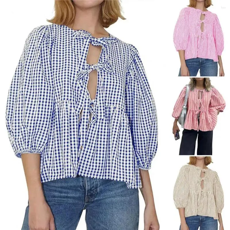 Women's Blouses Bow Tied Lace Up Shirt Women Pleats Solid Long Puff Sleeve Hollow Out O-neck Female 2024 Summer Sweet Lady Fashion Tops