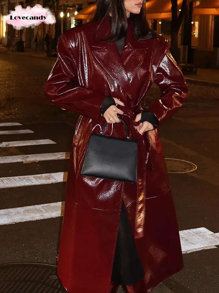 Save Big on Bulk Long Leather Trench Coat Womens Burgundy Leather Trench  Coat For Women Long, Shiny, Double Breasted, Lace Up, Sashes, 2024 Fashion 