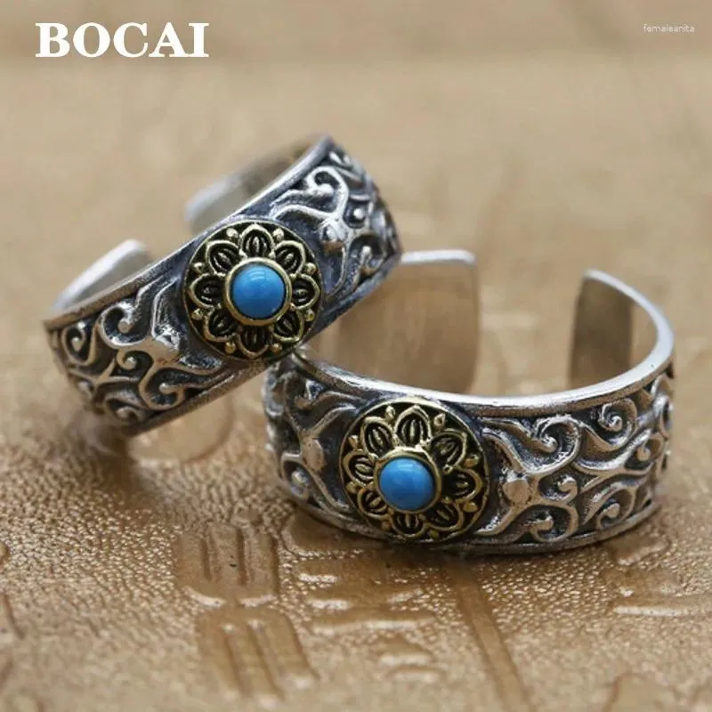 Cluster Ringe Bocai Real S925 Silber Mode Schmuck personalisierte Rattan Blumen Männer und Frauen türkis Retro Punk Trend Geschenke