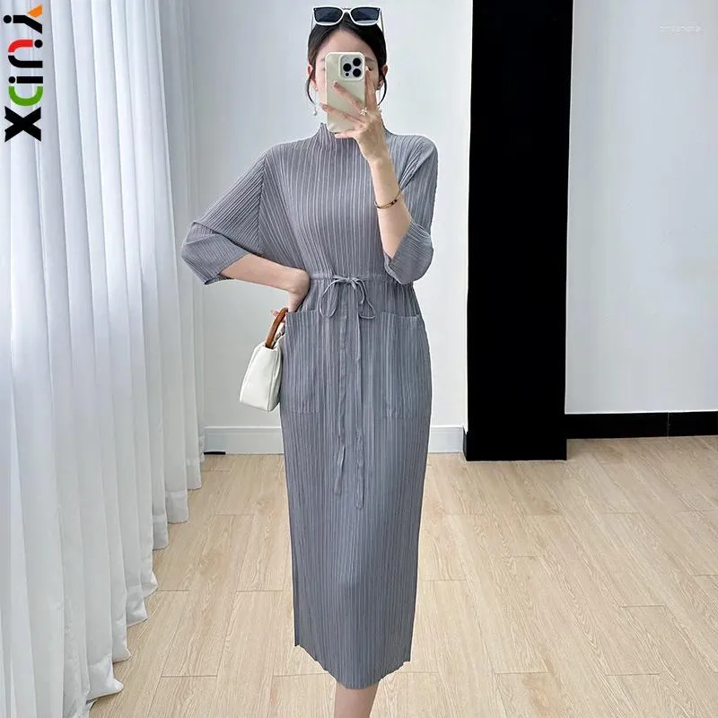YUDX Miyake Pleated Dress Women Solid Color Long Sleeve Stand Neck Lace-up  Party Autumn Fashion from Dhgate Basic & Casual Dresses - price 70.89