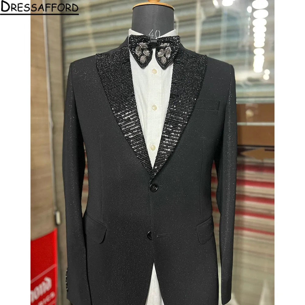 Siyah Pualı boyun çizgisi erkekler giysi damat düğün smokin 2 adet setler akşam yemeği balo blazers terno maskulino completo