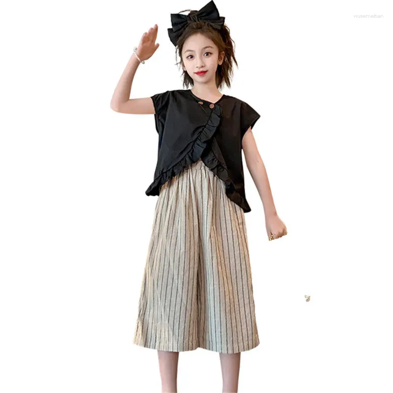 Одежда наборы летние детские костюмы для девочек Черная повседневная вертикальная полоса Широкие штаны ноги 2 шту