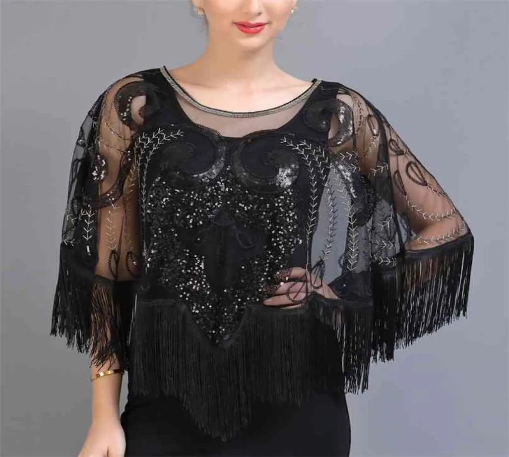 Tassel sequenza di paillettes vintage Cape 1920 Frapper Party Fringed Shawl avvolge il ricamo Pullover Pullover Matrice da sposa 2108192266748