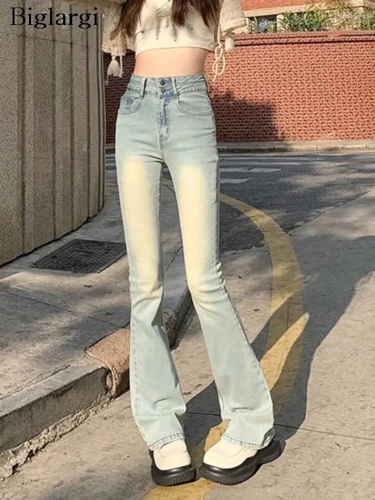 Frauen Jeans Frühling lang ausgestellte Hosen Frauen Retro Mode hohe Taille koreanische Damen Glockenboden Hosen Plissee Frau Hosen