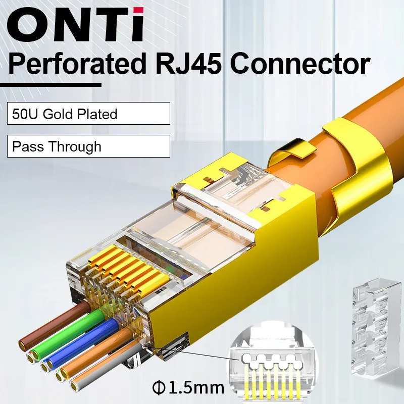 Enheter Onti 10/50/100pcs CAT5E CAT6 CAT7 Plug RJ45 -kontakt 50U Gold Plated End Pass via Network Cable Modular 8P8C Connector