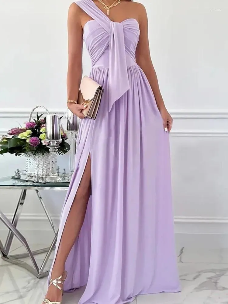 Casual jurken zomer elegante één schouder massieve kleur jurk hoge spleet holle lang feest asymmetrische dames avond sexy gewaad