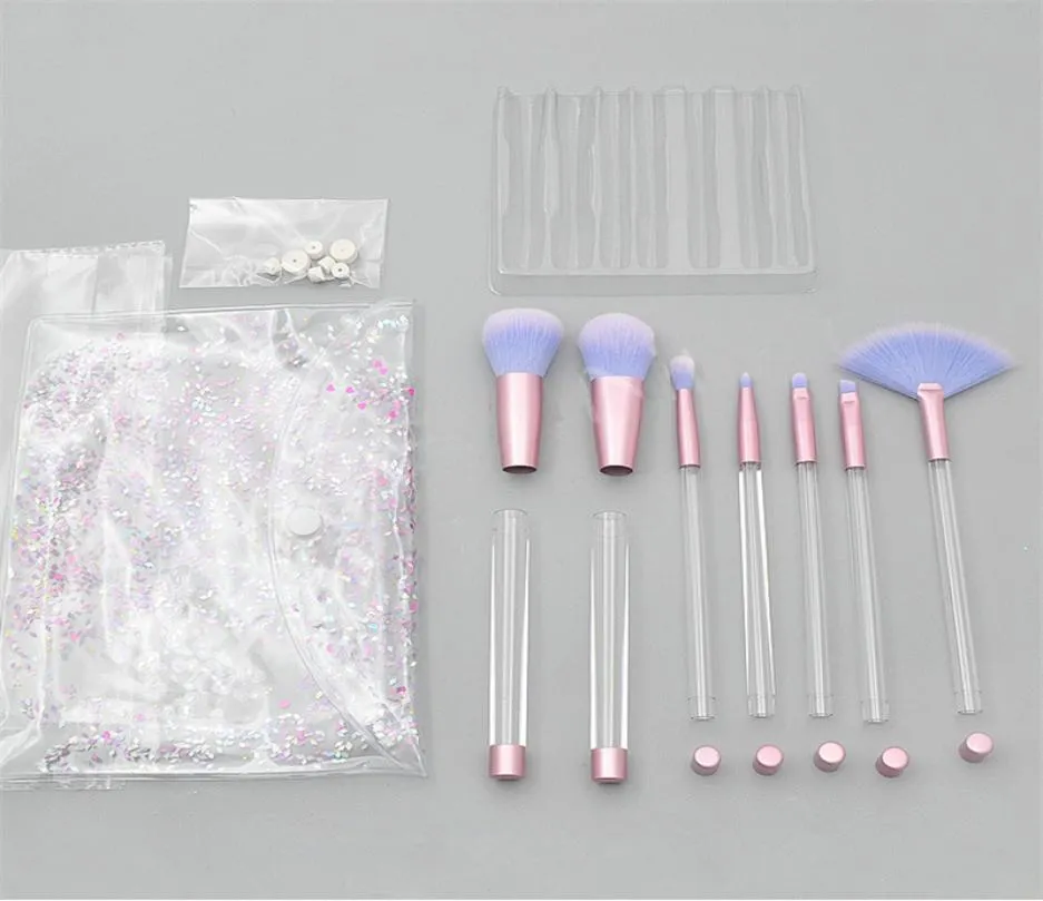 Makeup Brushes 7Pcs Empty Clear Handle Portable and Glitter with Cosmetic Bag Over DIY Brushes Set2909531