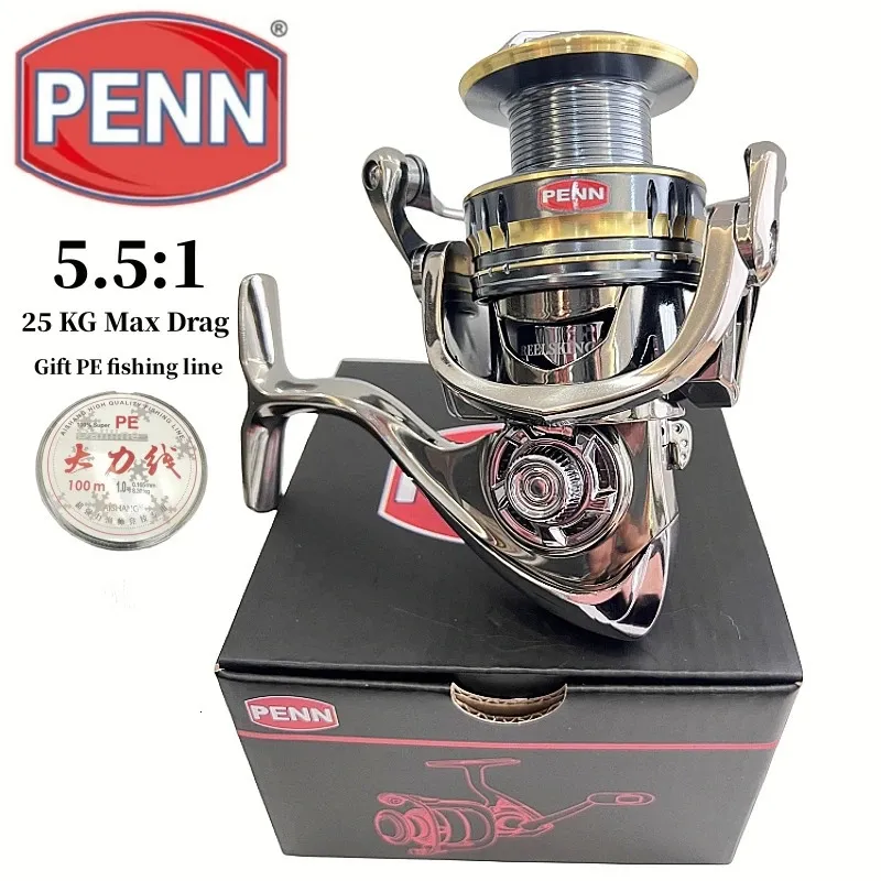 PENN High Max Drag 25KG Fishing Reel with 5.5 1 Gear Ratio and XE1000-7000 ModelGift Fishing Line 240411