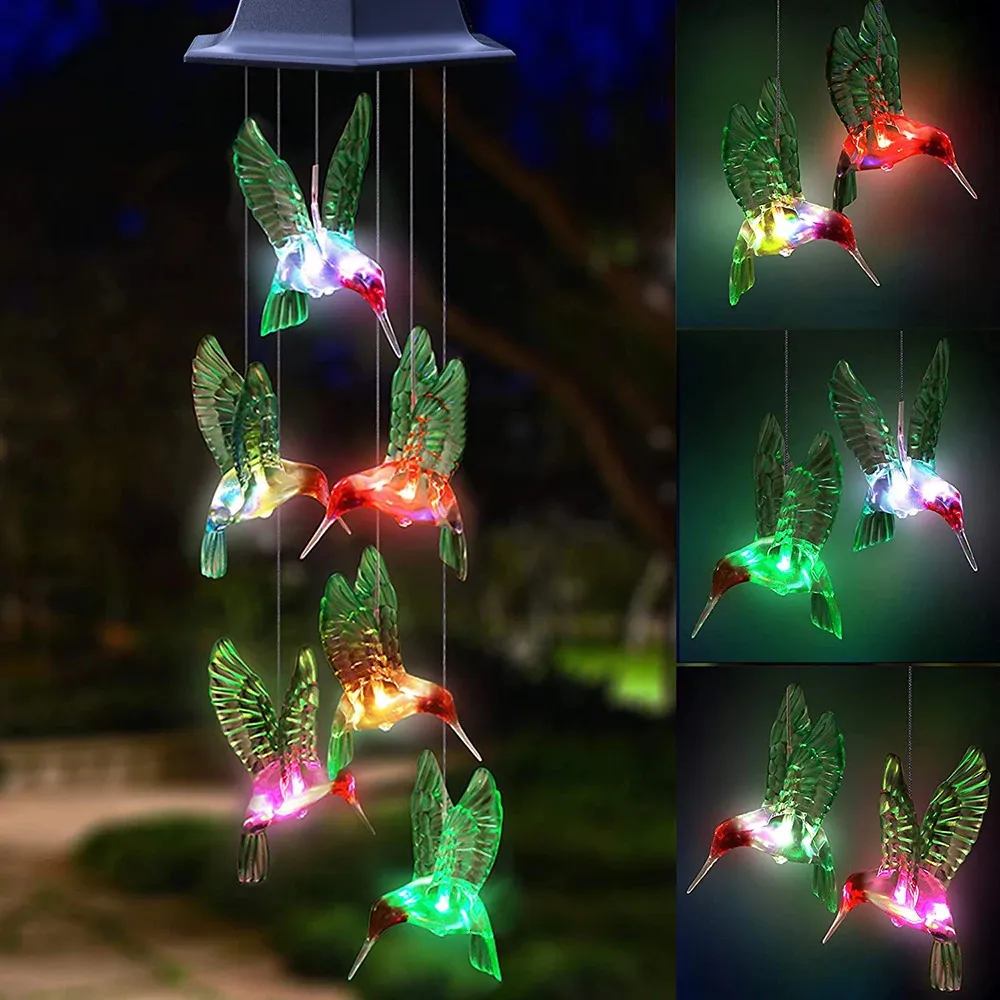 Solar Fairy Light Outdoor Powered LED Wind Chime IP65 Vattentät fjäril kolibri Lagmattlampor för trädgårdsgårdsdekoration 240419