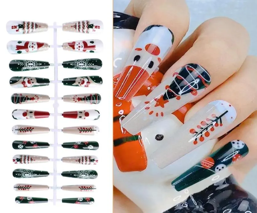 24pcsset Falsches Nagel mit Design Weihnachten Halloween Snowflake Long Ballerina Sarger gefälschter Nägel Full Cover Tipps mit Kleber CH196135047