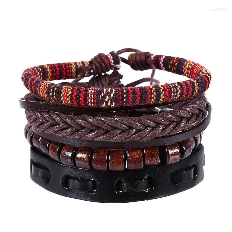 Bedelarmbanden 4 stcs/set hippie punk zwart bruin lederen knopen lagen tibetaans etnische patroon kralen houten wikkel brede armband armband voor man