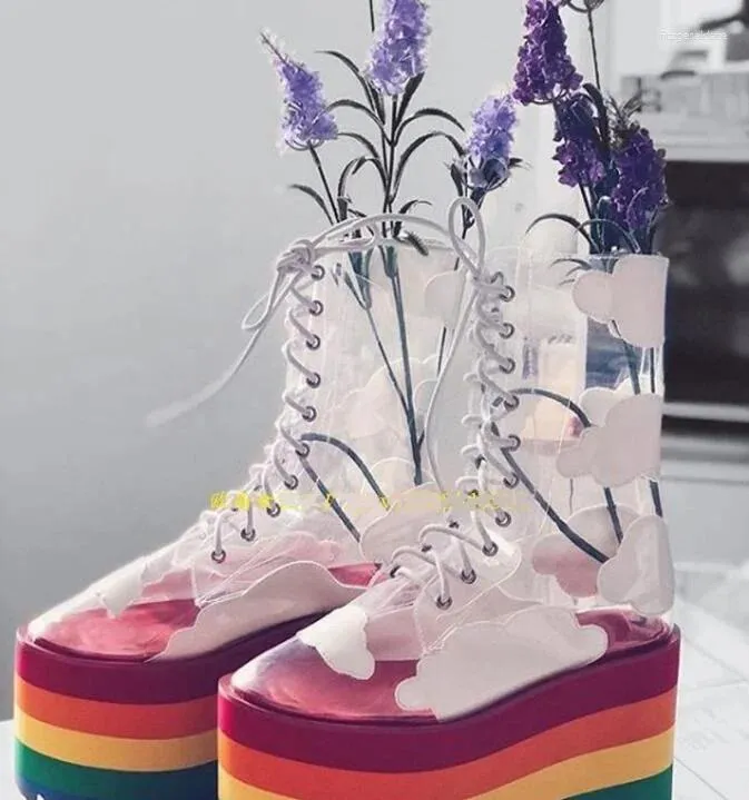 Buty Rainbow Gruba platforma Cloud Stars koronkowe kostki przezroczyste pvc kolorowa jedyna kobieta rosnąca przezroczyste buty