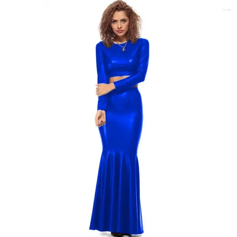 Werkjurken vrouwen zoete 2 stks lange mouw crop top en hoge rokken set pu lederen mini tops midi suit tweedelig club feestje slijtage