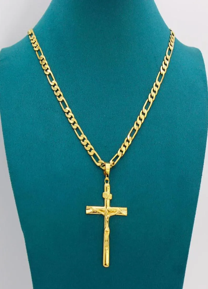 Real 10k Yellow Solid Fine Gold GF Jesus Crucifix Charm Big Pendant 55*35mm Figaro Chain Necklace 24" 600*6mm6407366