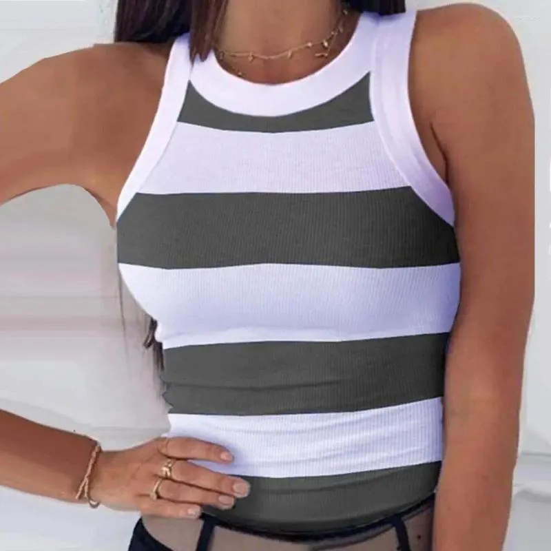 Women's Blouses Women Summer Vest O-neck Sleeveless Slim Fit Striped Print Tank Tops High Elastic Sexy Digital