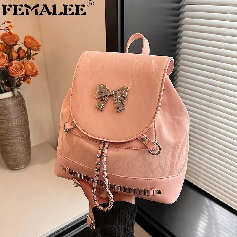 Sacs d'école Femelle Sac à dos multifonctionnel Bill à main en cuir doux pour femmes Y2K Girls Bow Large Rucksack