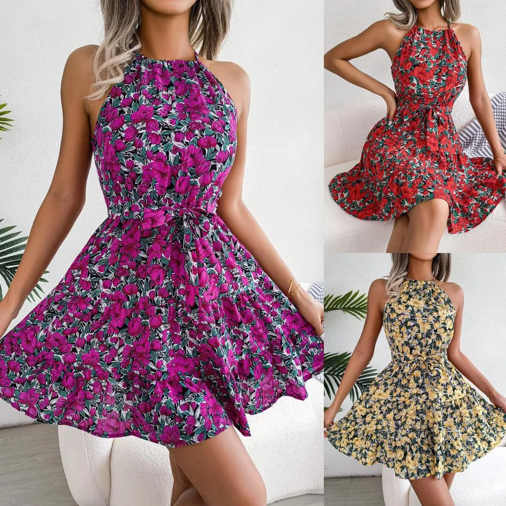 Spring And Summer Casual Pastoral Style Ruffled Large Swing Floral Strap Dress Womens Clothing 124
