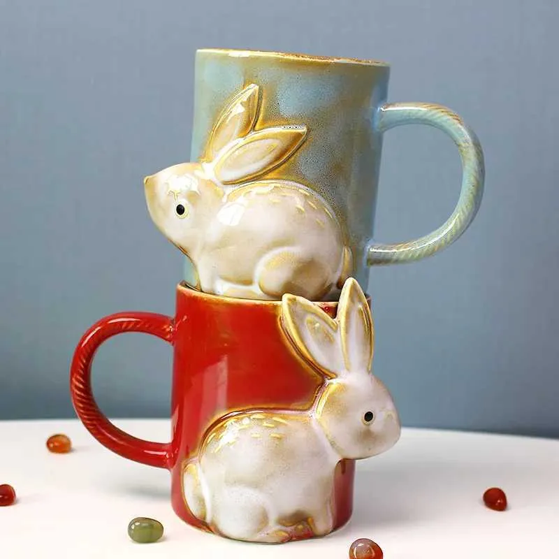 Кружки кролика Год мультфильм милый кролик в форме животных в форме пасхальной подарки керамика чашка кофейная чашка керамическая чашка J240428